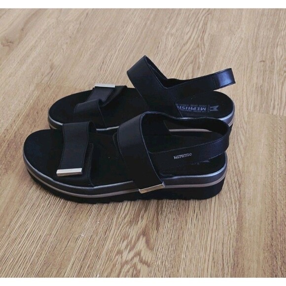 Mephisto Womens DOMINICA Black Leather Platform Wedge Sandals Sz 42 /US 11 - Picture 1 of 12